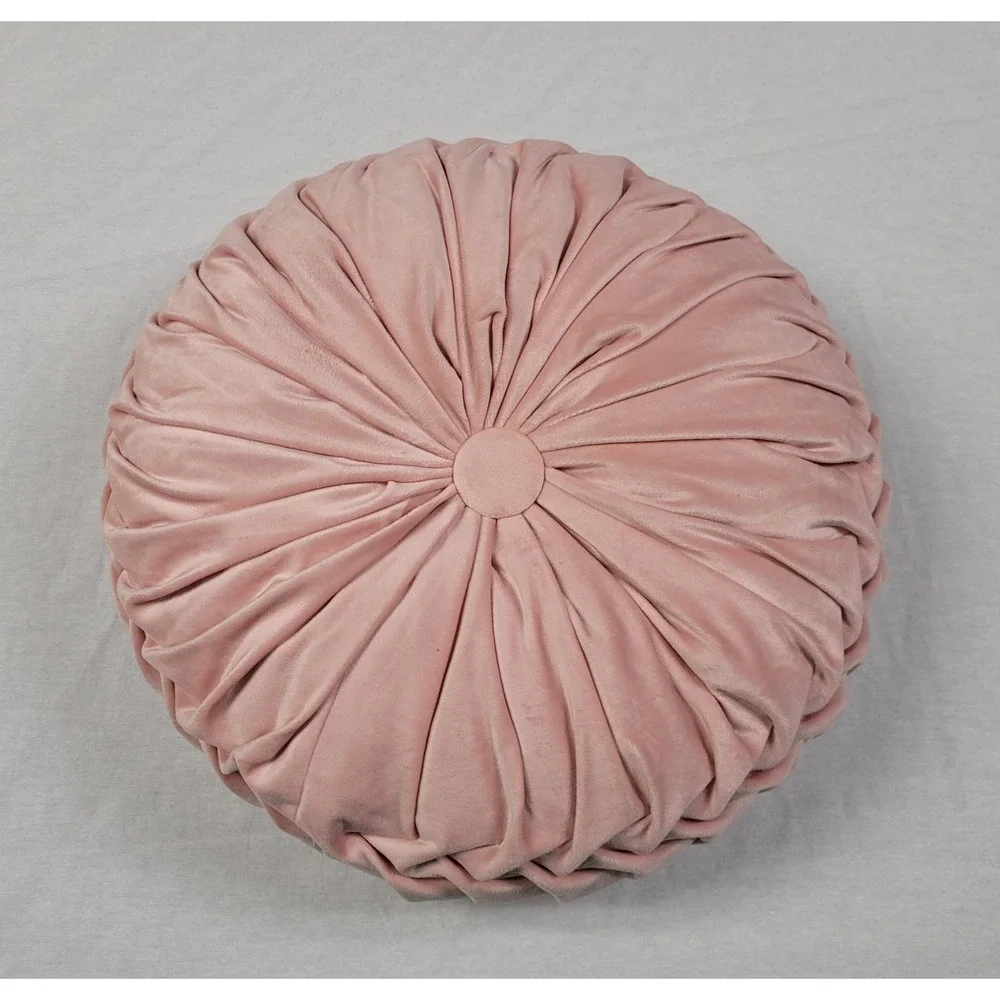 Unbranded Round Pleated Velvet Throw Pillow - Blush Pink (16